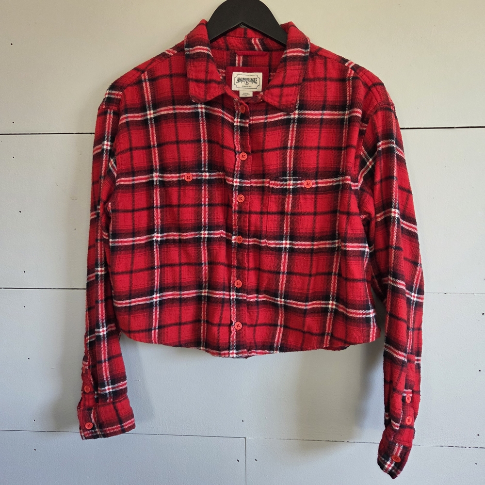 American Eagle Womens Plaid Cotton Crop Flannel ButtonUp Shirt M Red Black White